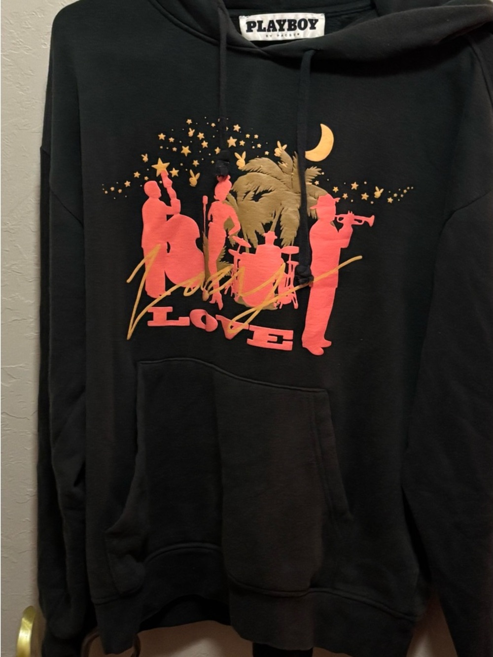 PLAYBOY Black Crewneck Sweater with Coral & Gold Band Graphic